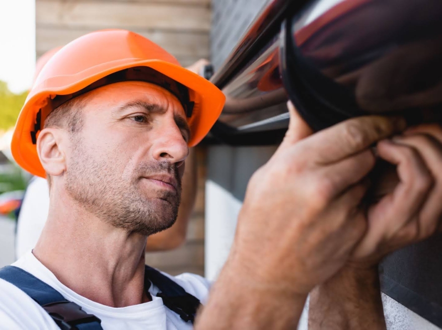 Worker adjusting rain gutter during detailed roof and gutter maintenance on a building exterior.