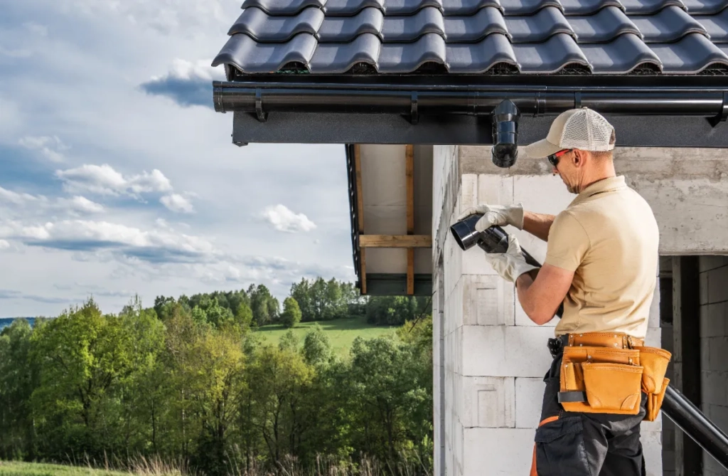 A contractor installs new gutters on a home.