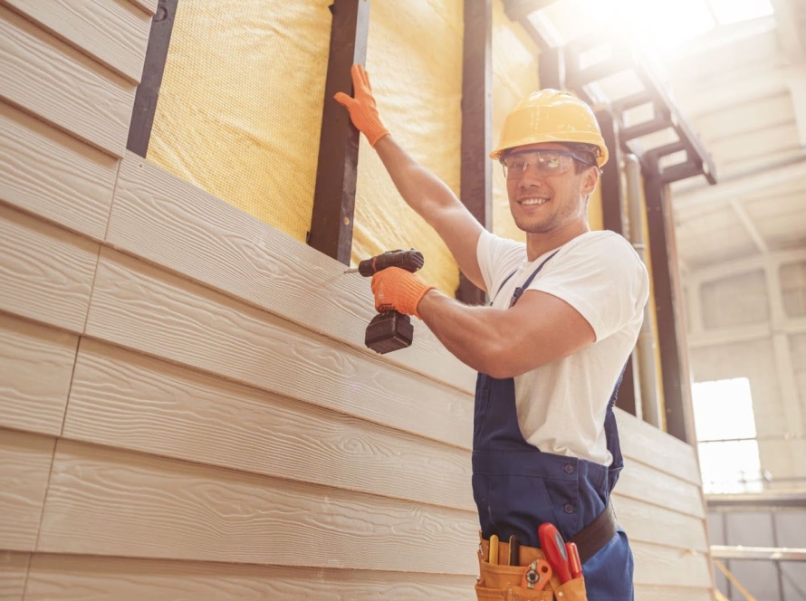 A man in a hard hat installs siding with a drill.
