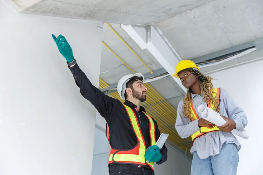 Two professionals conduct an interior roof inspection by examining a ceiling.